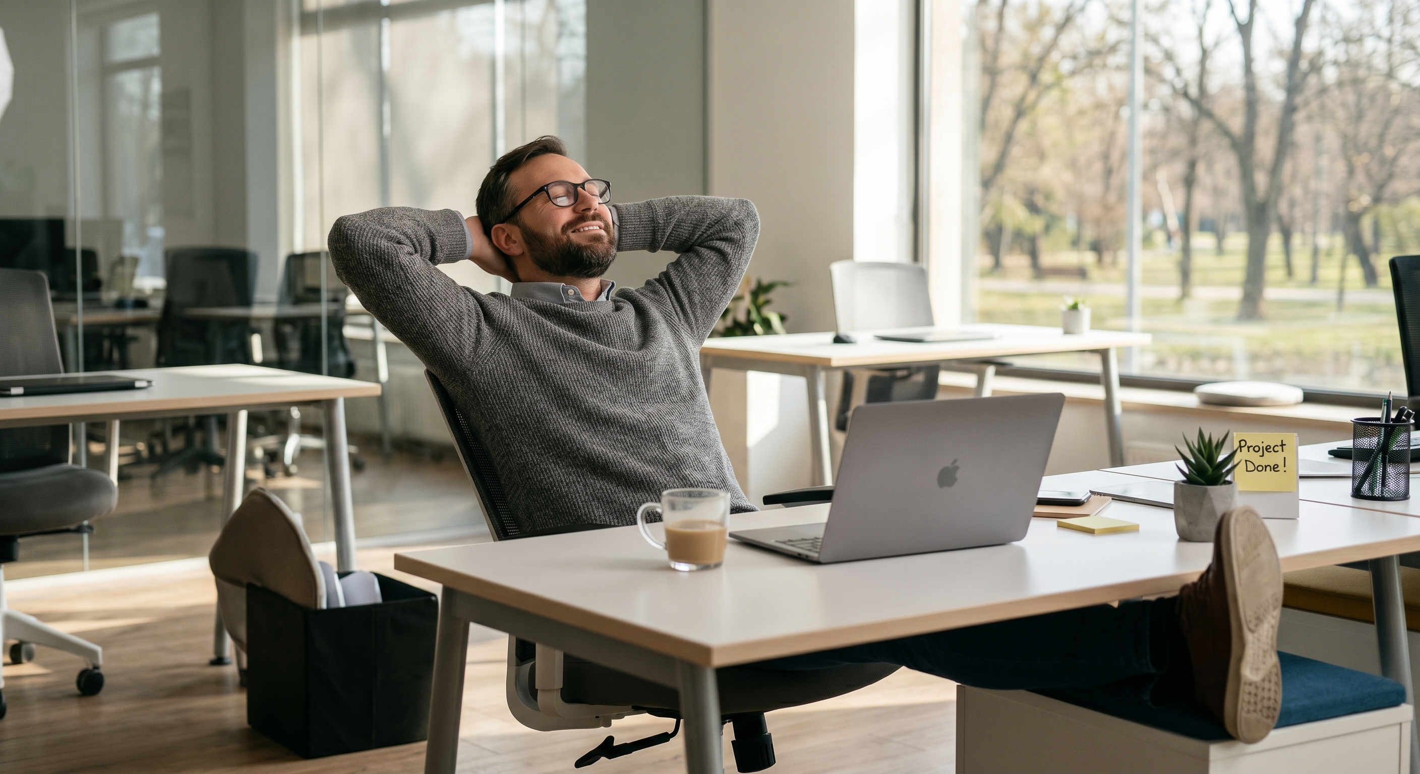 A finance manager leaning back at his desk, project done, coffee in hand — the calm that comes after manual work has been automated away.